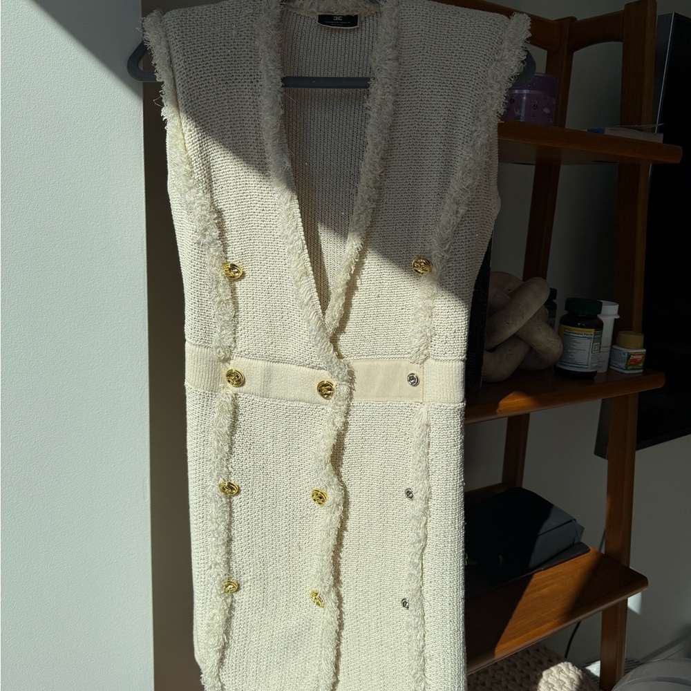 Cream Sleeveless Knit Vest with Gold Buttons